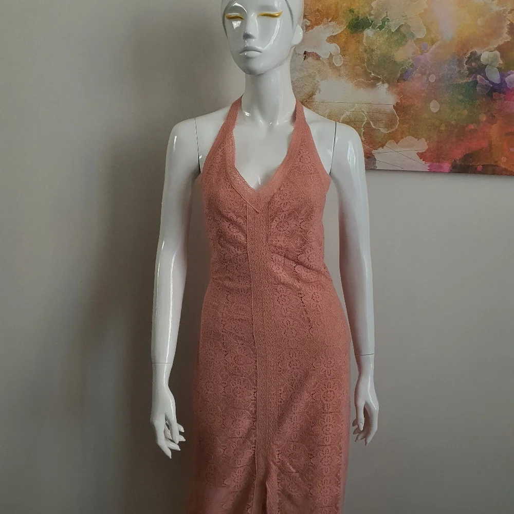 Guess Size 10 Halter Tie Back Dusty Pink Lace Maxi Dress - Picture 13 of 15
